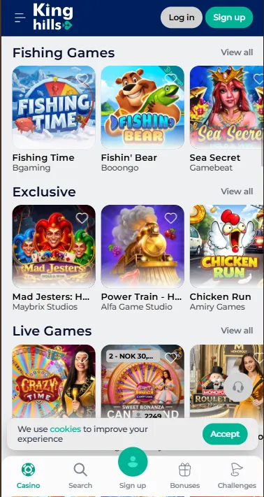 KingHills Casino mobile game categories